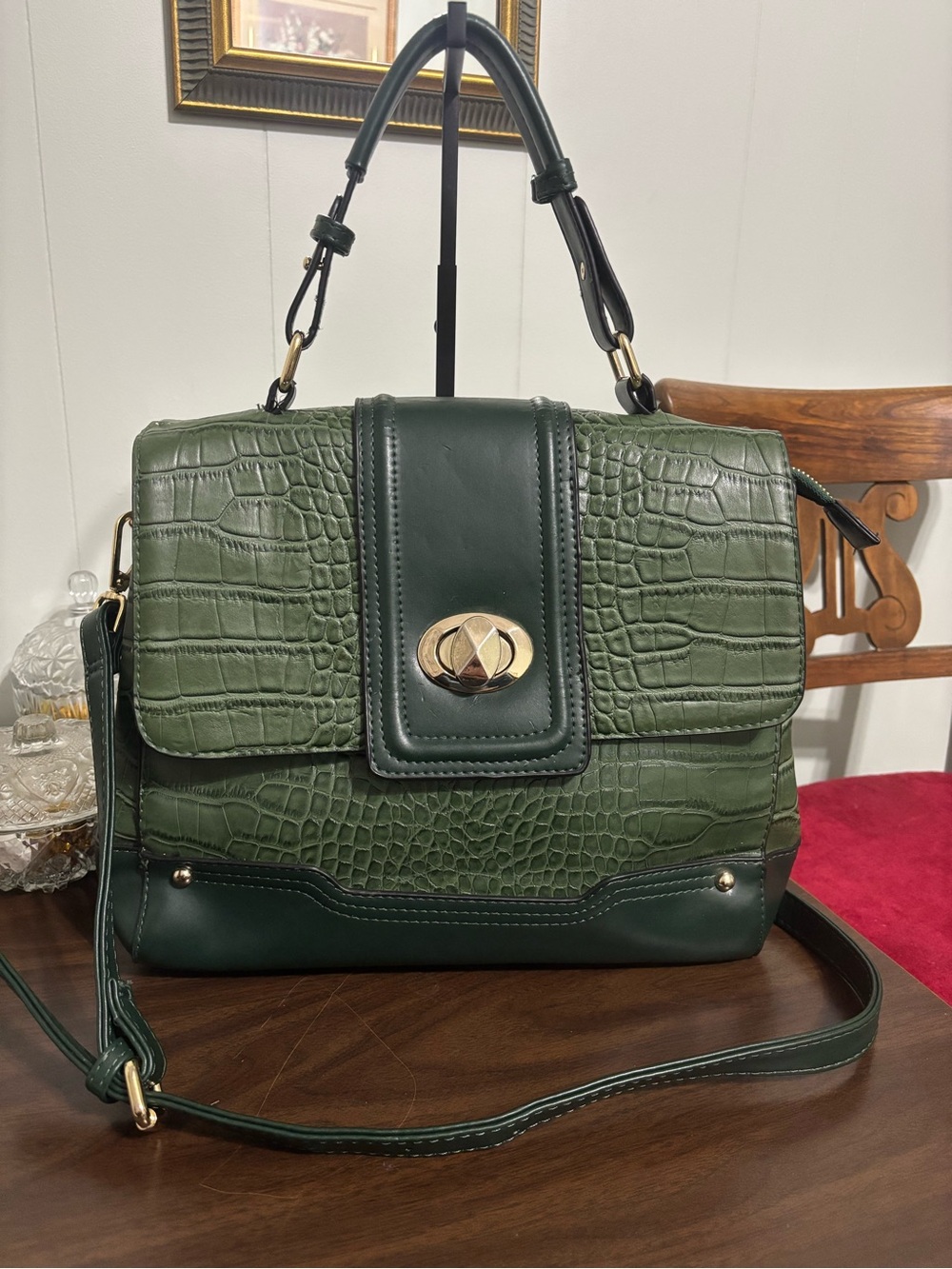 Croc-Embossed Top Handle Satchel in Forest Green with Gold Hardware